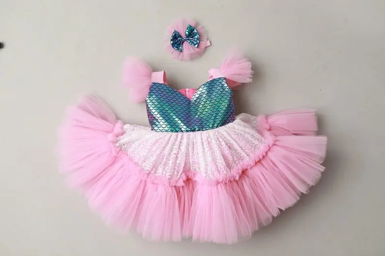 Mermaid Dress For Girls, Birthday Girl Dress, Tutu Sparkling Dress, Marine Style Dress, Blue Baby Dress, First Birthday Party Gift simmiunique