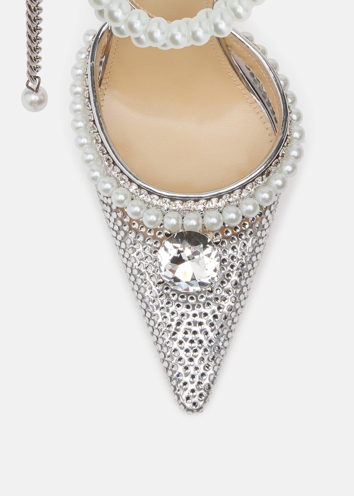 Hazel Silver Crystal Pumps – heel view showing crystal, pearl, metallic, red, SimmiUnique