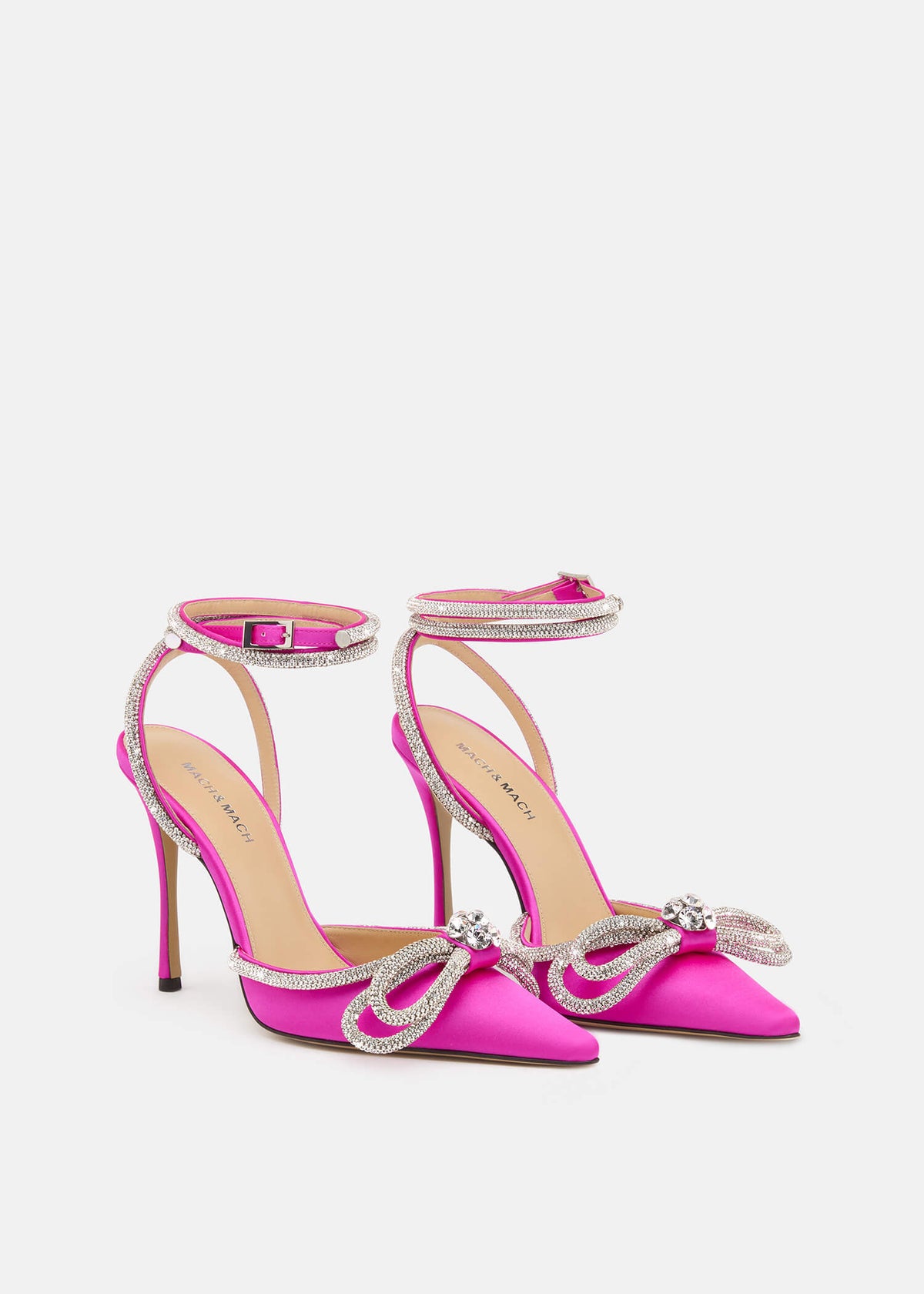 Selene Fuchsia Double Bow Pumps – side profile showing double bow, crystal, satin, red, SimmiUnique