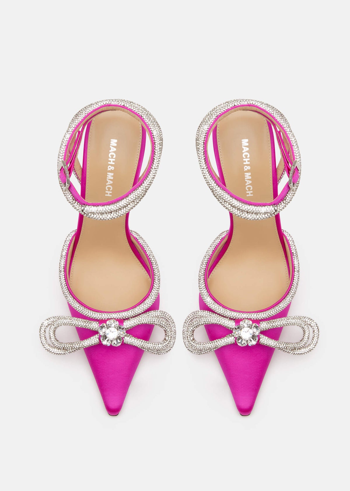 Selene Fuchsia Double Bow Pumps – crystal detail view showing double bow, crystal, satin, red, SimmiUnique