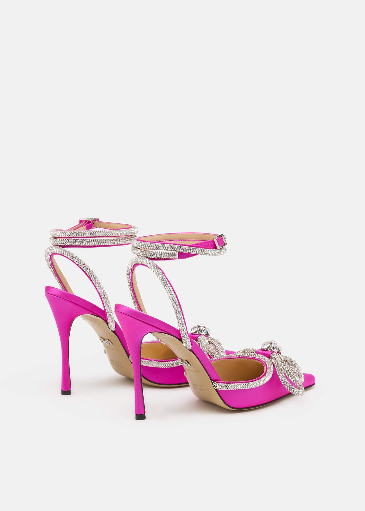 Selene Fuchsia Double Bow Pumps – heel view showing double bow, crystal, satin, red, SimmiUnique