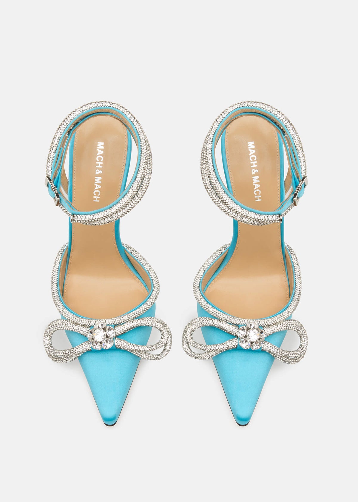Romina Ocean Blue Double Bow Pumps – crystal detail view showing double bow, crystal, satin, blue, SimmiUnique