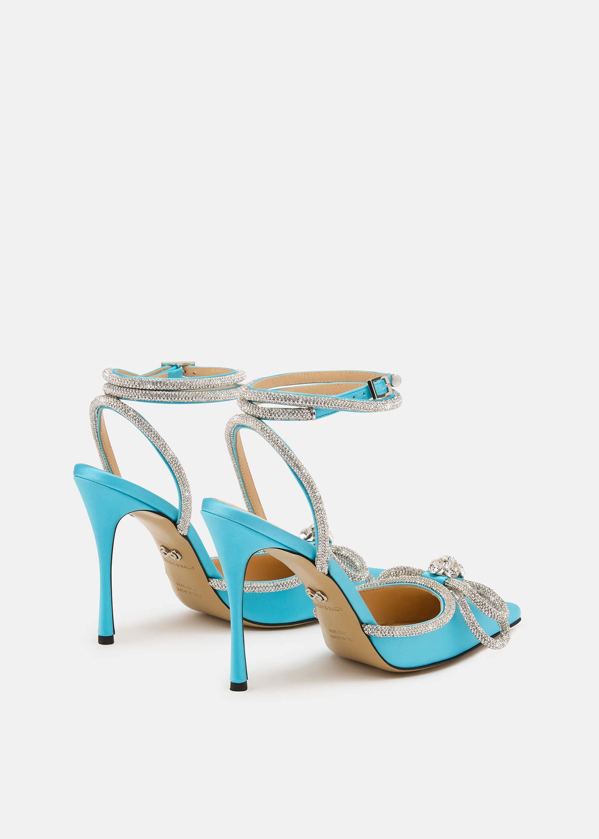 Romina Ocean Blue Double Bow Pumps – heel view showing double bow, crystal, satin, blue, SimmiUnique