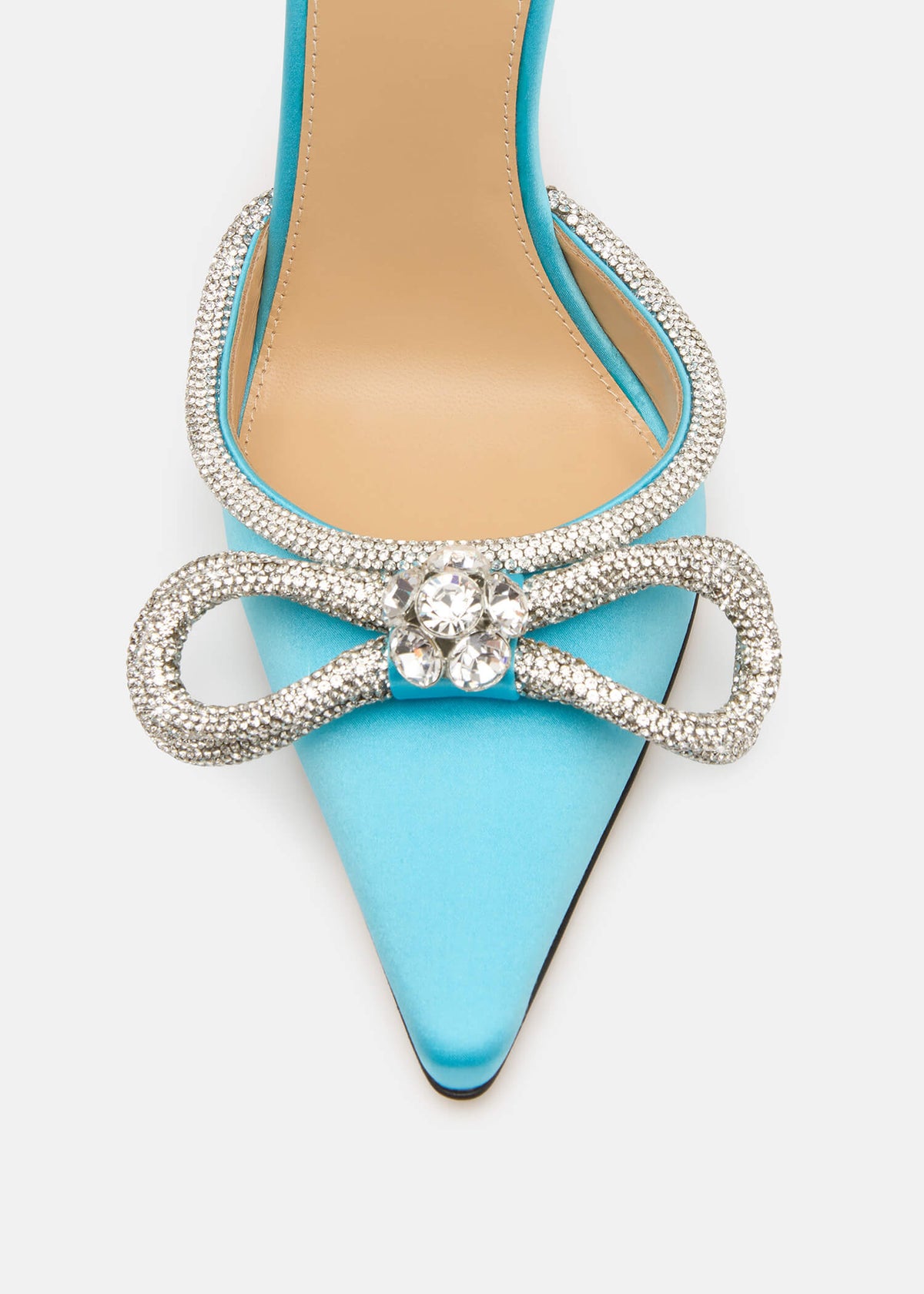 Romina Ocean Blue Double Bow Pumps – rear view showing double bow, crystal, satin, blue, SimmiUnique