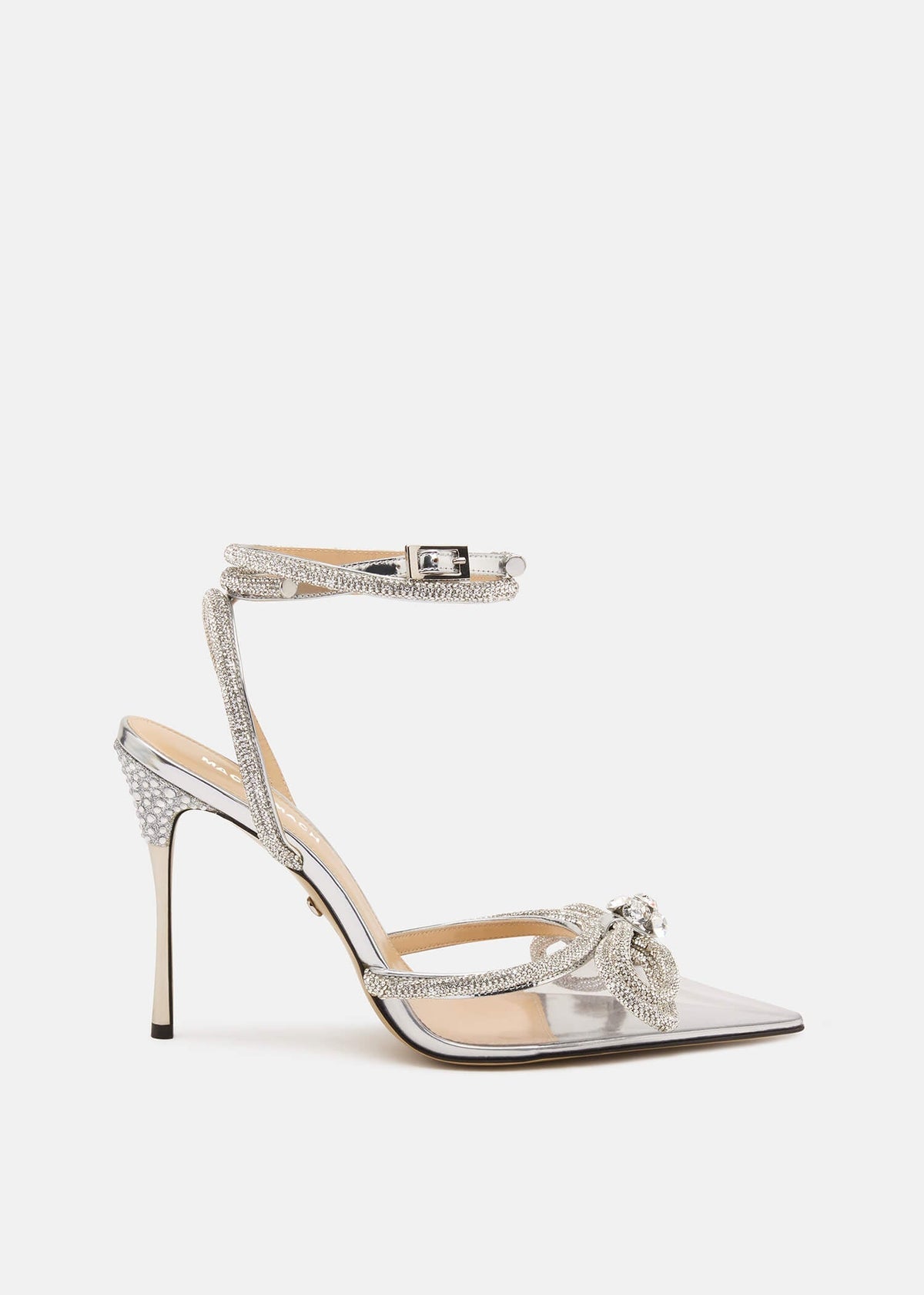 Penelope Silver Double Bow Pumps – front three-quarter view showing double bow, crystal, satin, silver, SimmiUnique