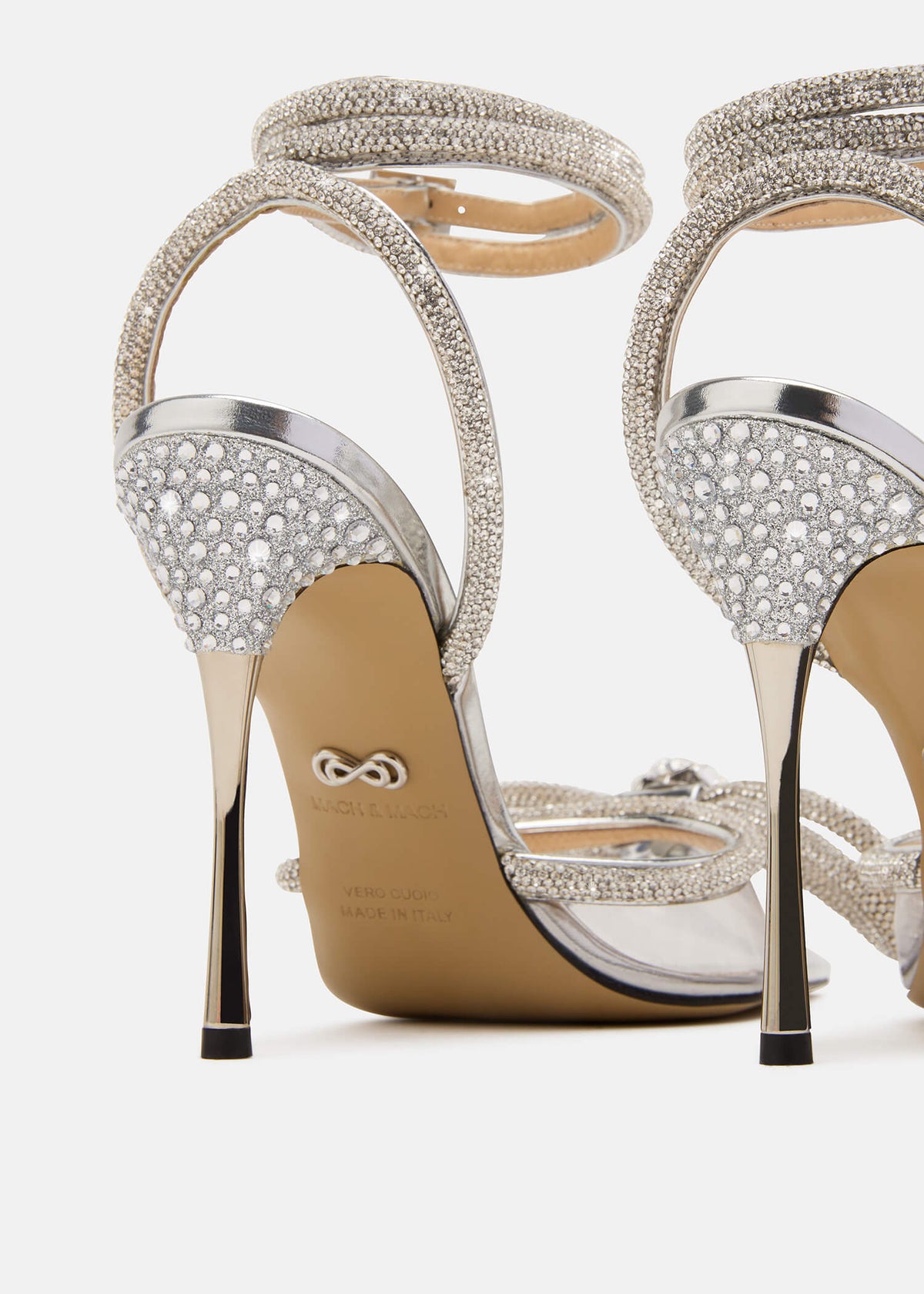 Penelope Silver Double Bow Pumps – rear view showing double bow, crystal, satin, silver, SimmiUnique