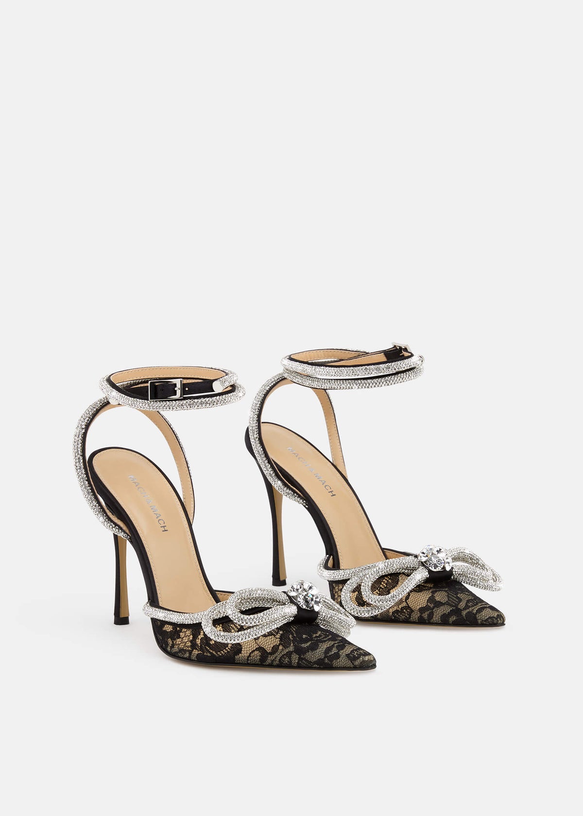 Olympia Black Double Bow Pumps – side profile showing double bow, crystal, lace, black, SimmiUnique