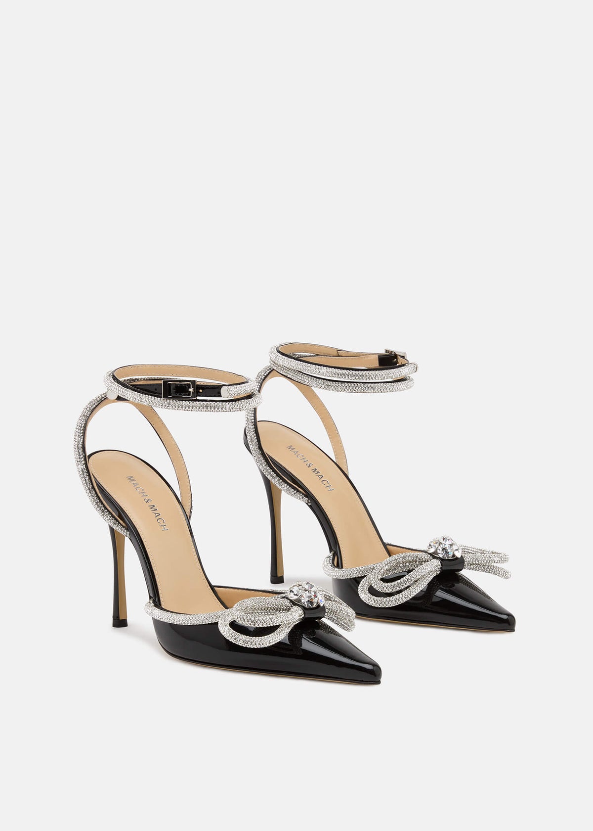 Nadia Black Double Bow Pumps – side profile showing double bow, crystal, patent leather, black, SimmiUnique