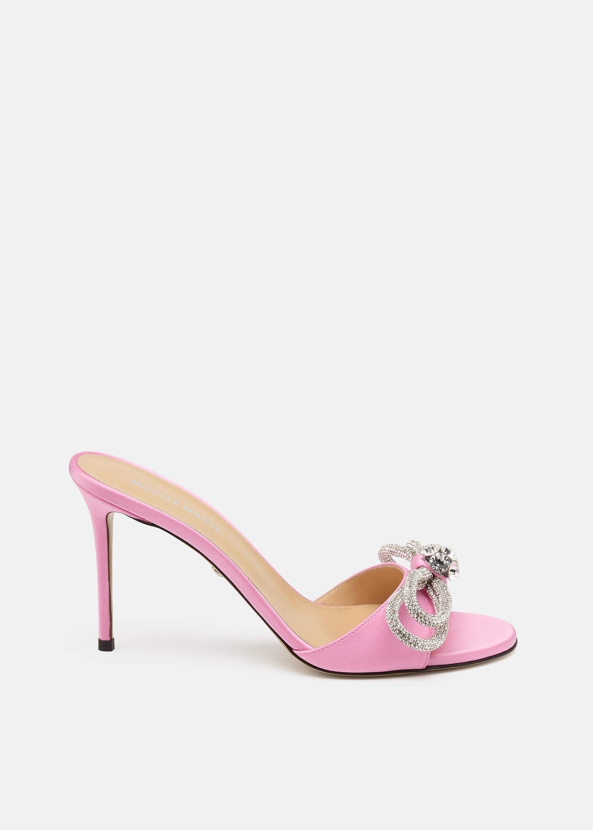 Katerina Pink Double Bow Mules – front three-quarter view showing double bow, crystal, satin, pink, SimmiUnique