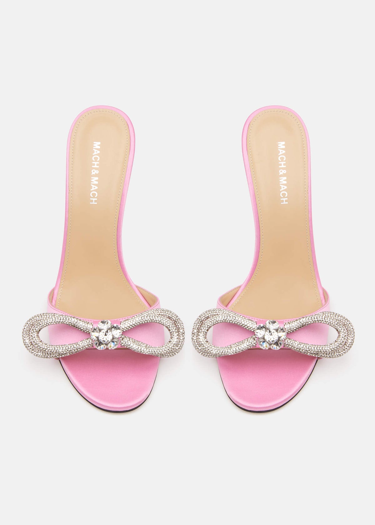 Katerina Pink Double Bow Mules – crystal detail view showing double bow, crystal, satin, pink, SimmiUnique