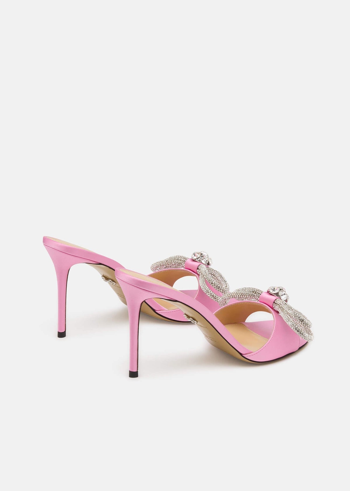 Katerina Pink Double Bow Mules – heel view showing double bow, crystal, satin, pink, SimmiUnique