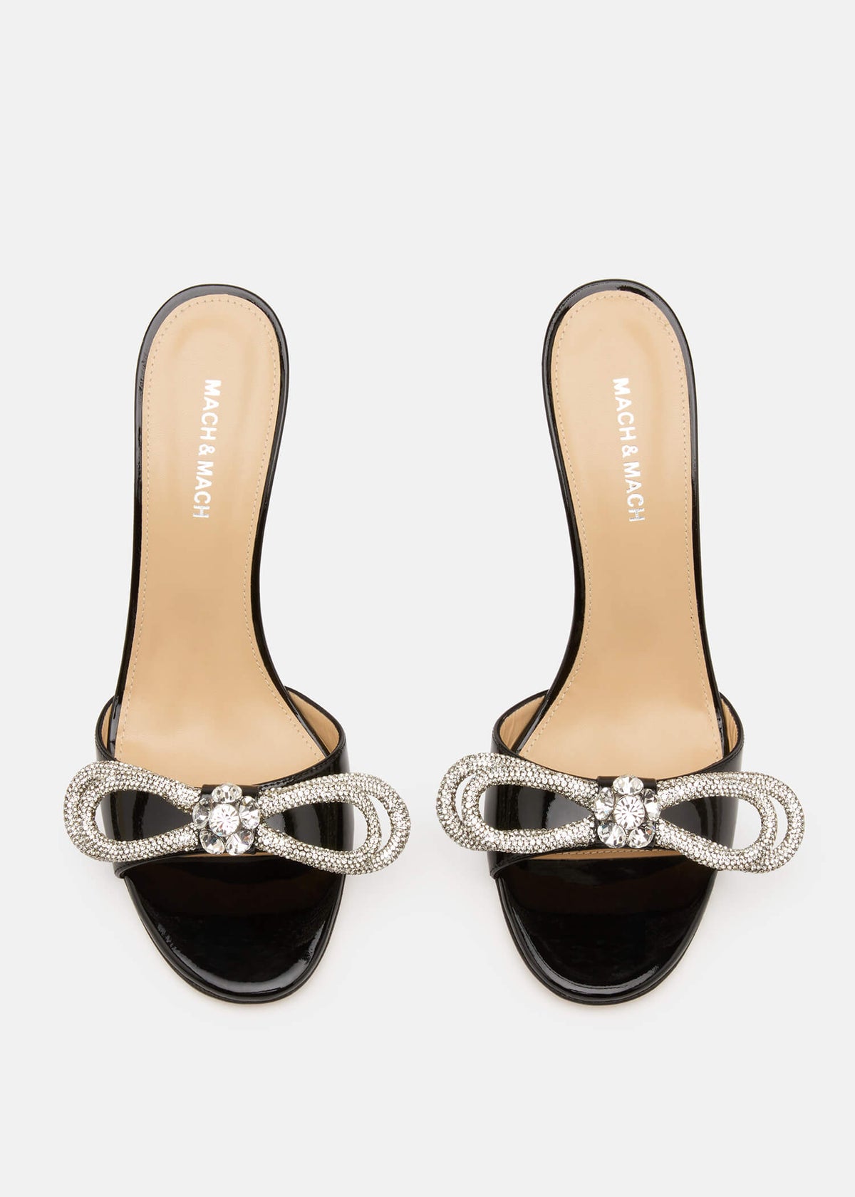 Jasmine Black Double Bow Mules – crystal detail view showing double bow, crystal, black, SimmiUnique
