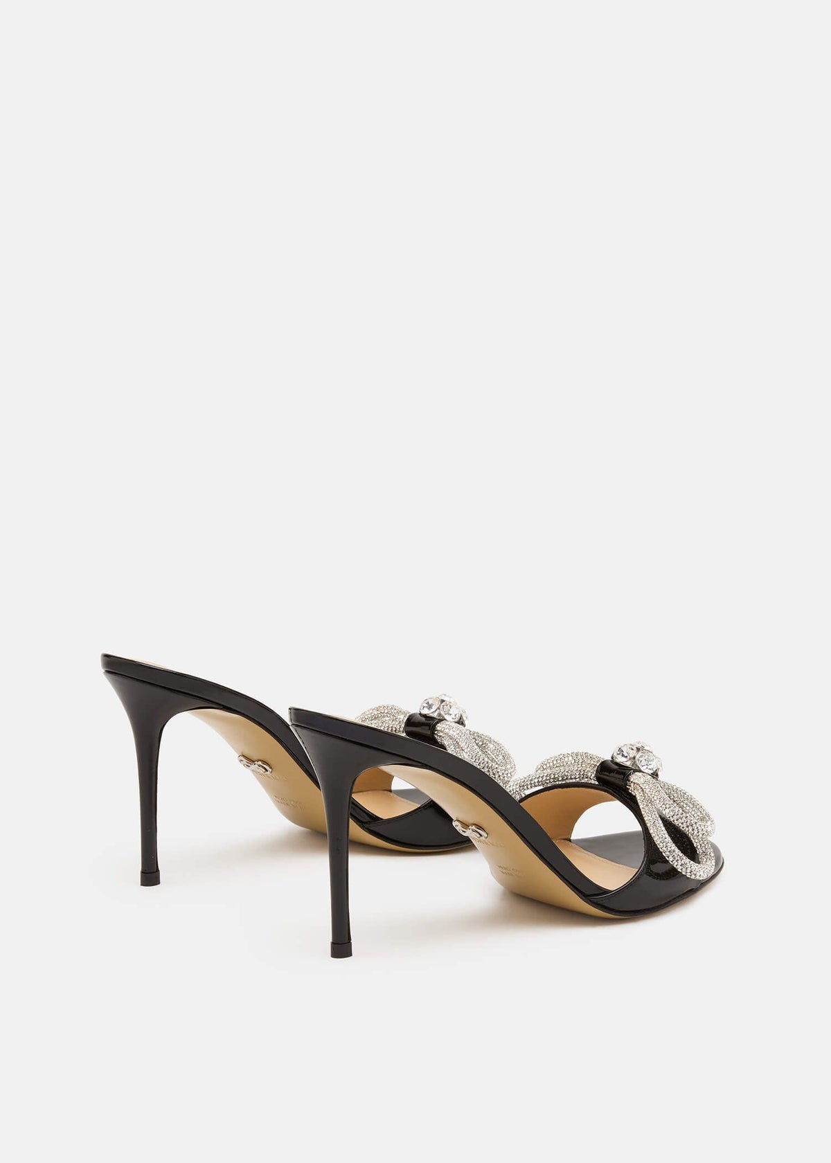 Jasmine Black Double Bow Mules – heel view showing double bow, crystal, black, SimmiUnique