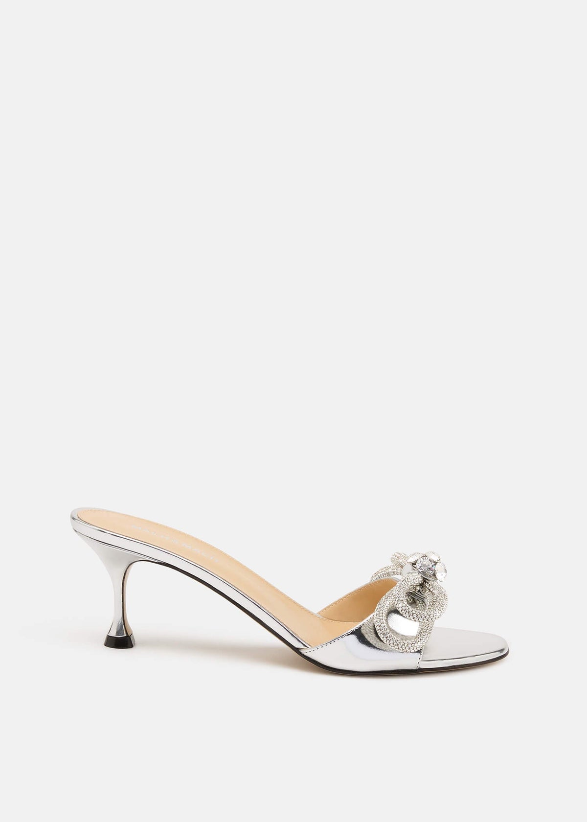 Iris Silver Double Bow Mules – front three-quarter view showing double bow, crystal, metallic, silver, SimmiUnique