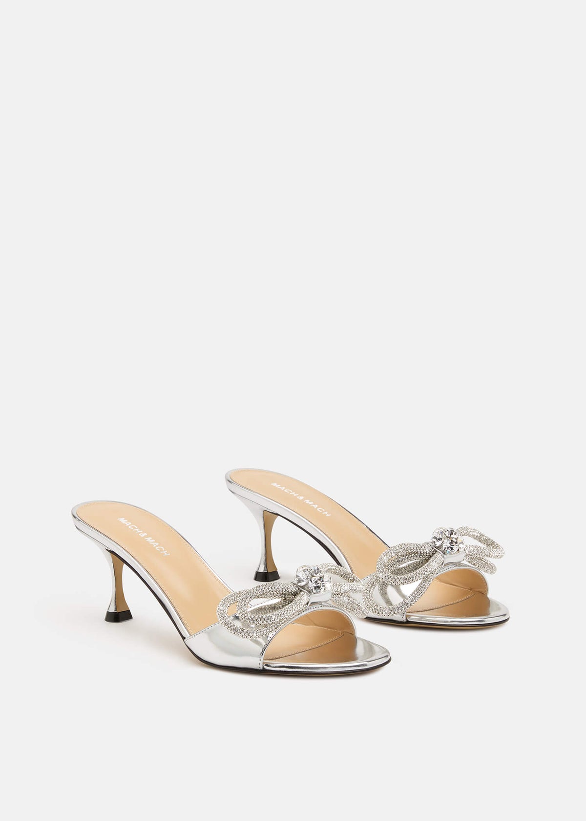 Iris Silver Double Bow Mules – side profile showing double bow, crystal, metallic, silver, SimmiUnique