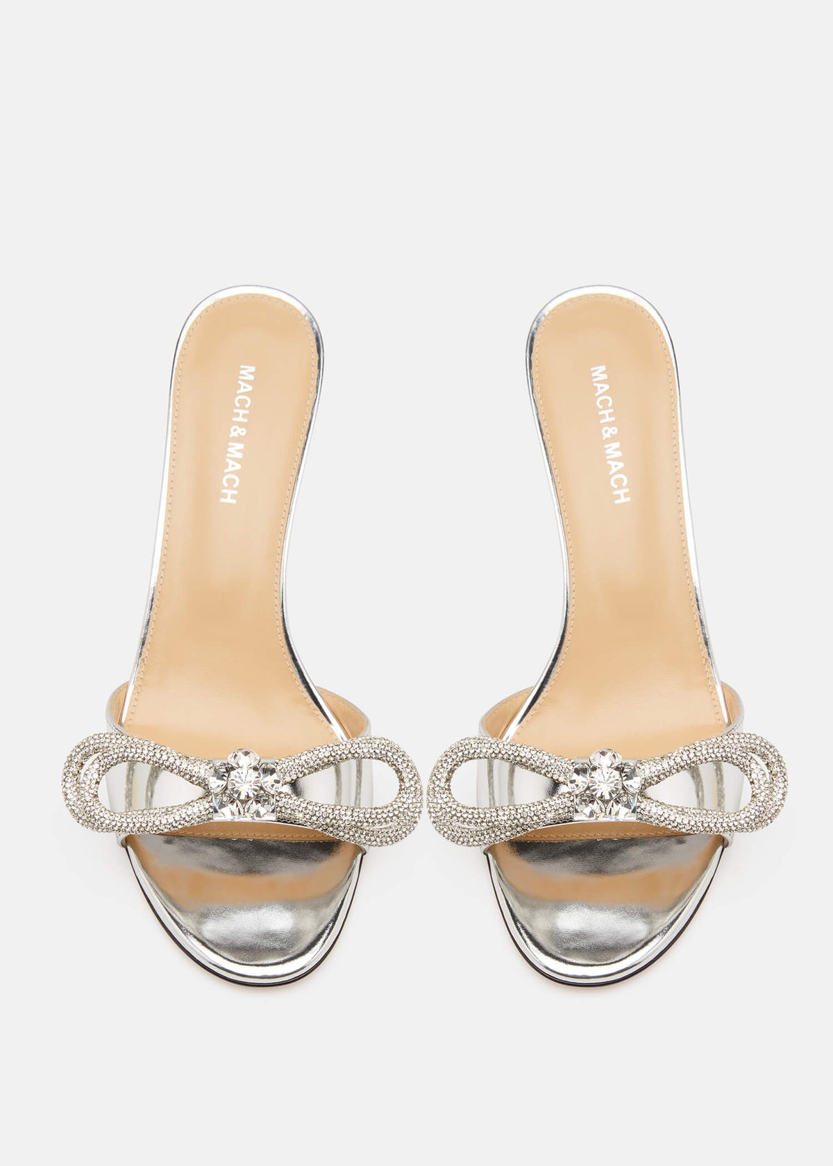 Iris Silver Double Bow Mules – crystal detail view showing double bow, crystal, metallic, silver, SimmiUnique