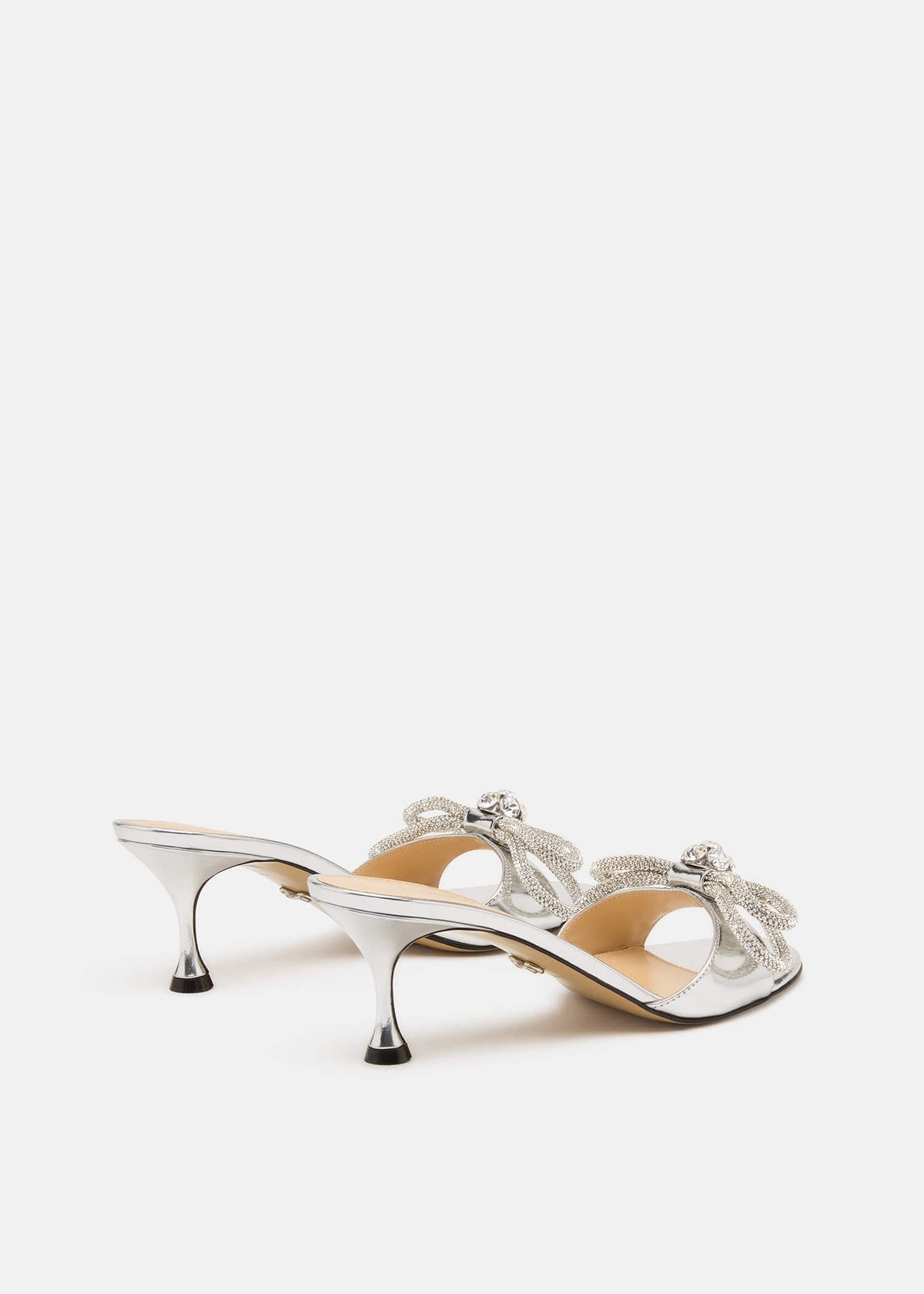 Iris Silver Double Bow Mules – heel view showing double bow, crystal, metallic, silver, SimmiUnique