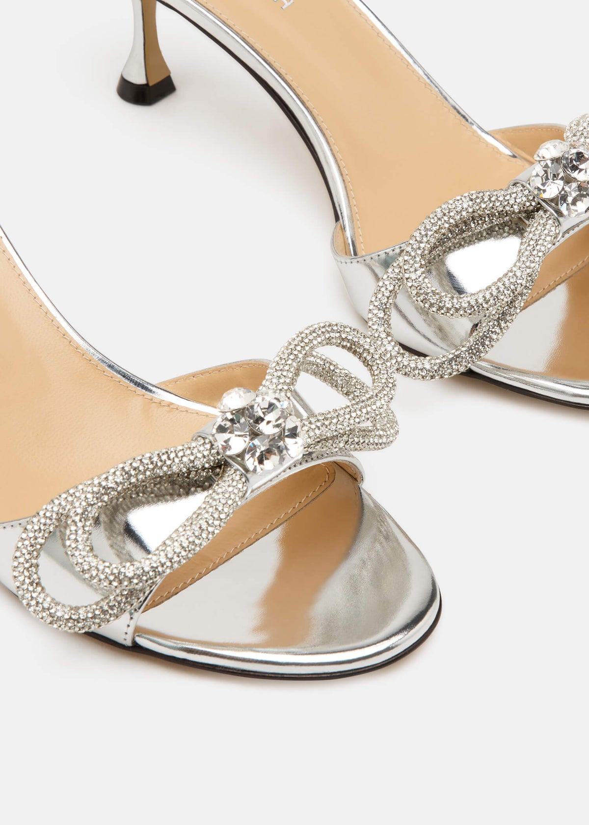 Iris Silver Double Bow Mules – rear view showing double bow, crystal, metallic, silver, SimmiUnique