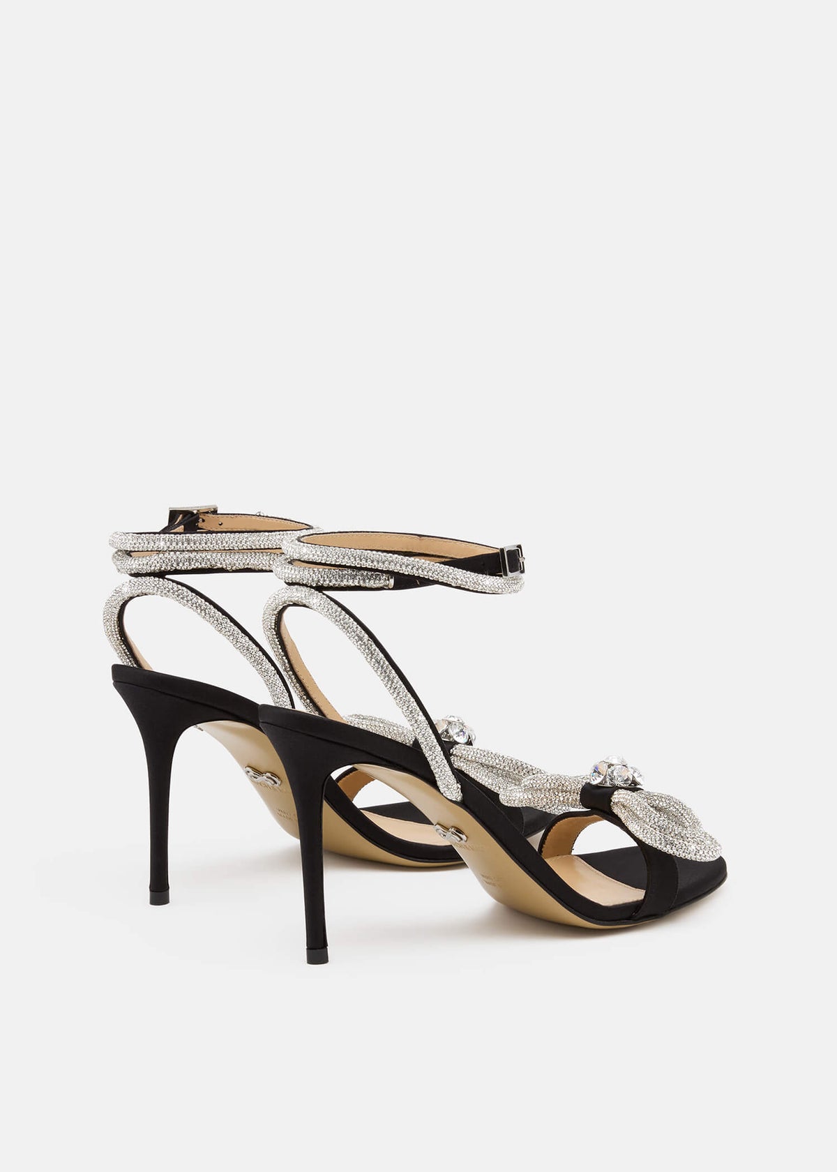 Harmony Black Double Bow Sandals – heel view showing double bow, crystal, satin, black, SimmiUnique