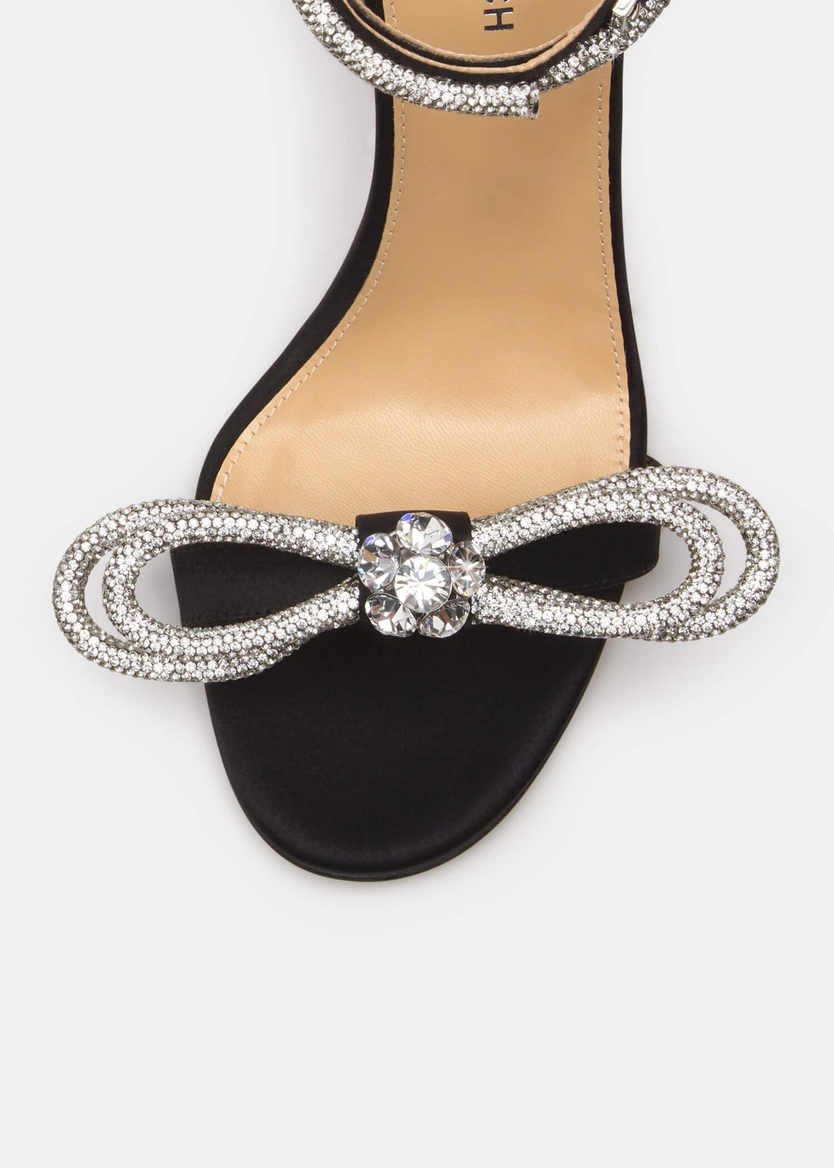 Harmony Black Double Bow Sandals – rear view showing double bow, crystal, satin, black, SimmiUnique