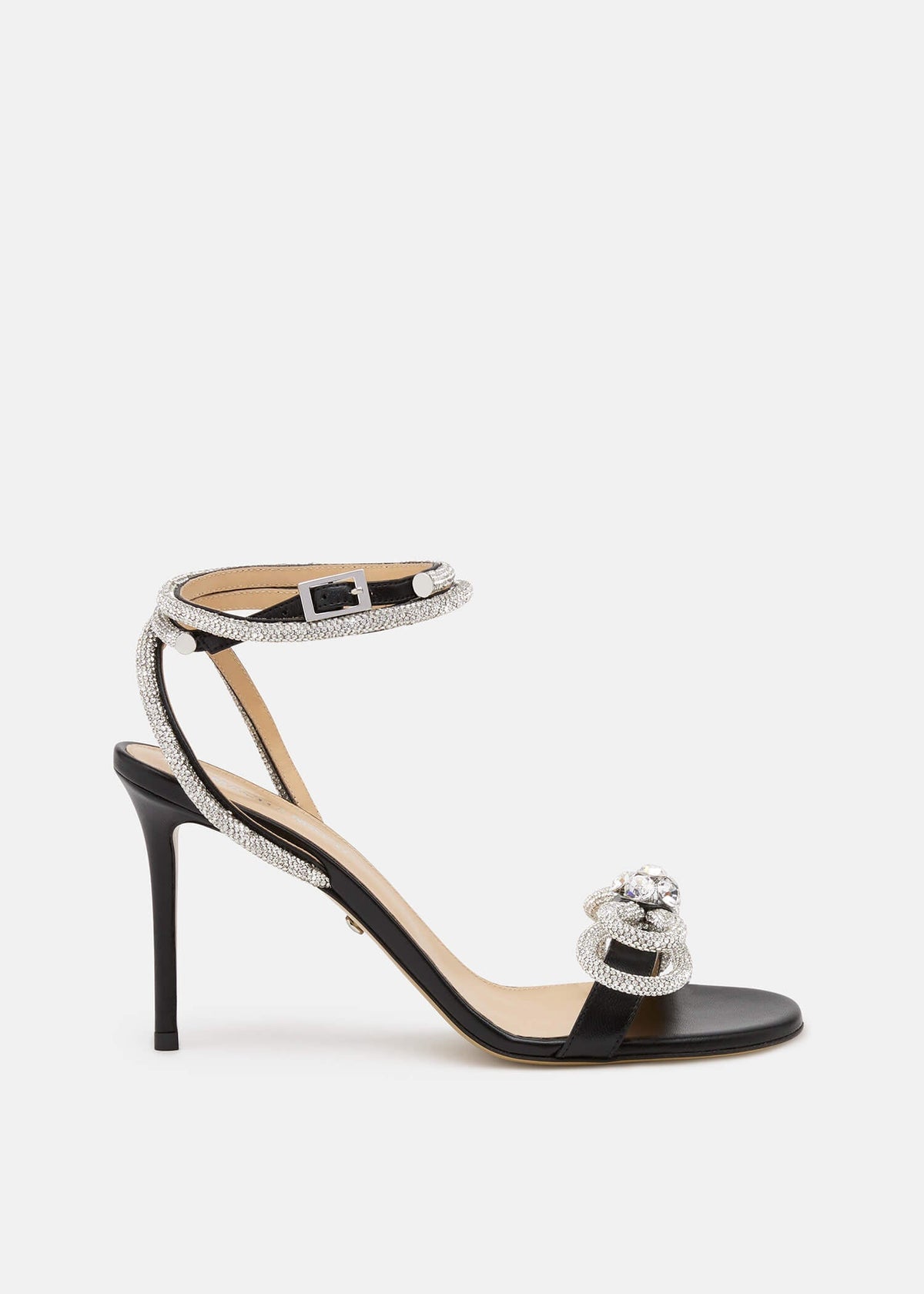 Felicity Black Double Bow Sandals – front three-quarter view showing double bow, crystal, black, SimmiUnique