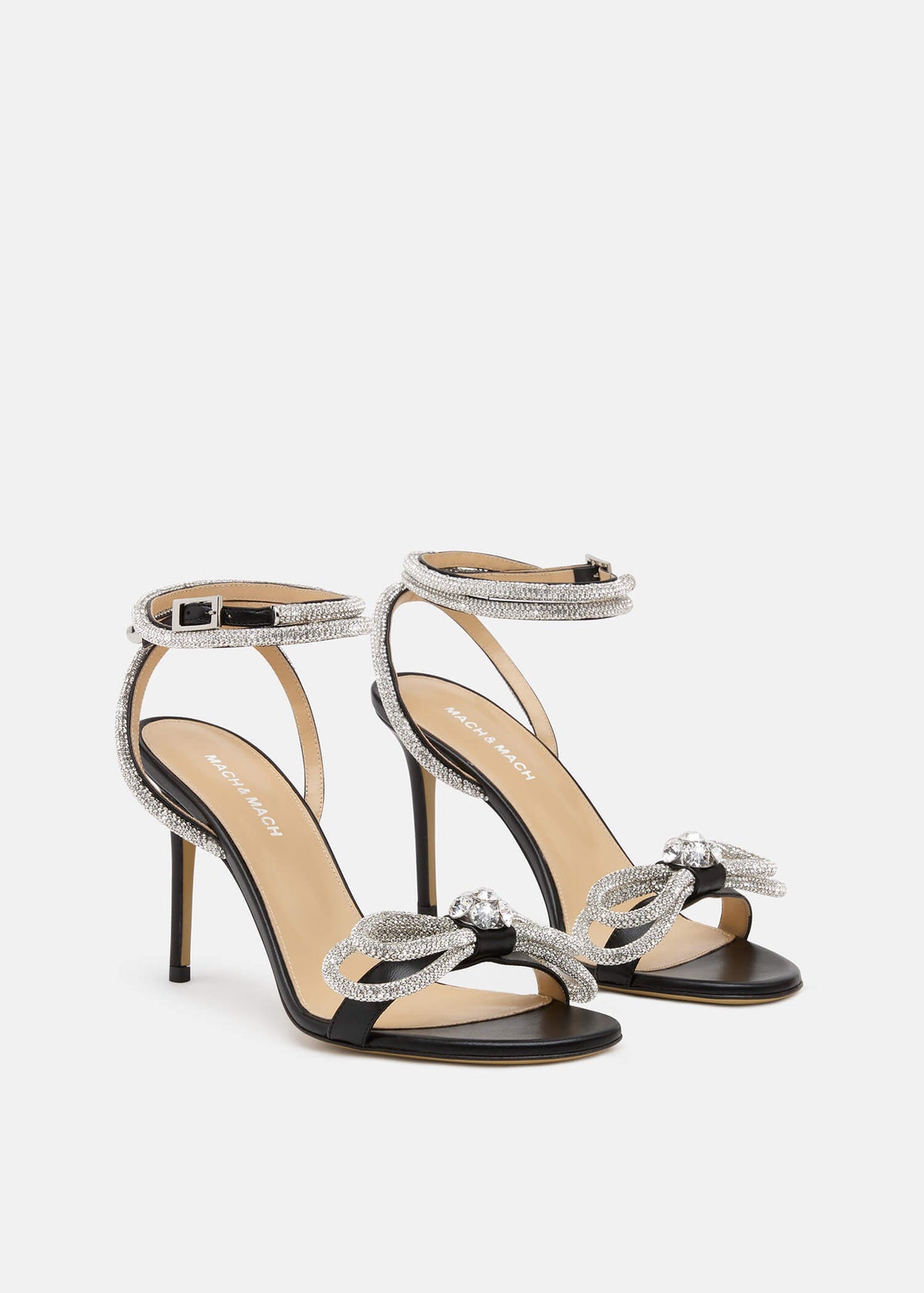Felicity Black Double Bow Sandals – side profile showing double bow, crystal, black, SimmiUnique