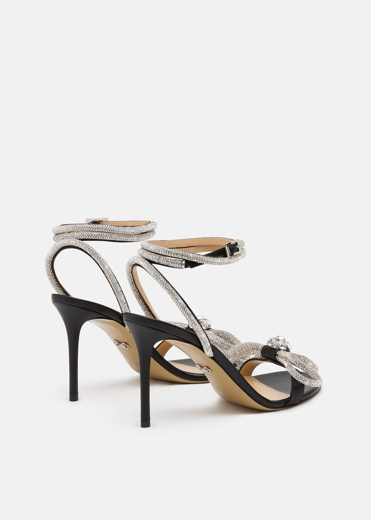 Felicity Black Double Bow Sandals – heel view showing double bow, crystal, black, SimmiUnique