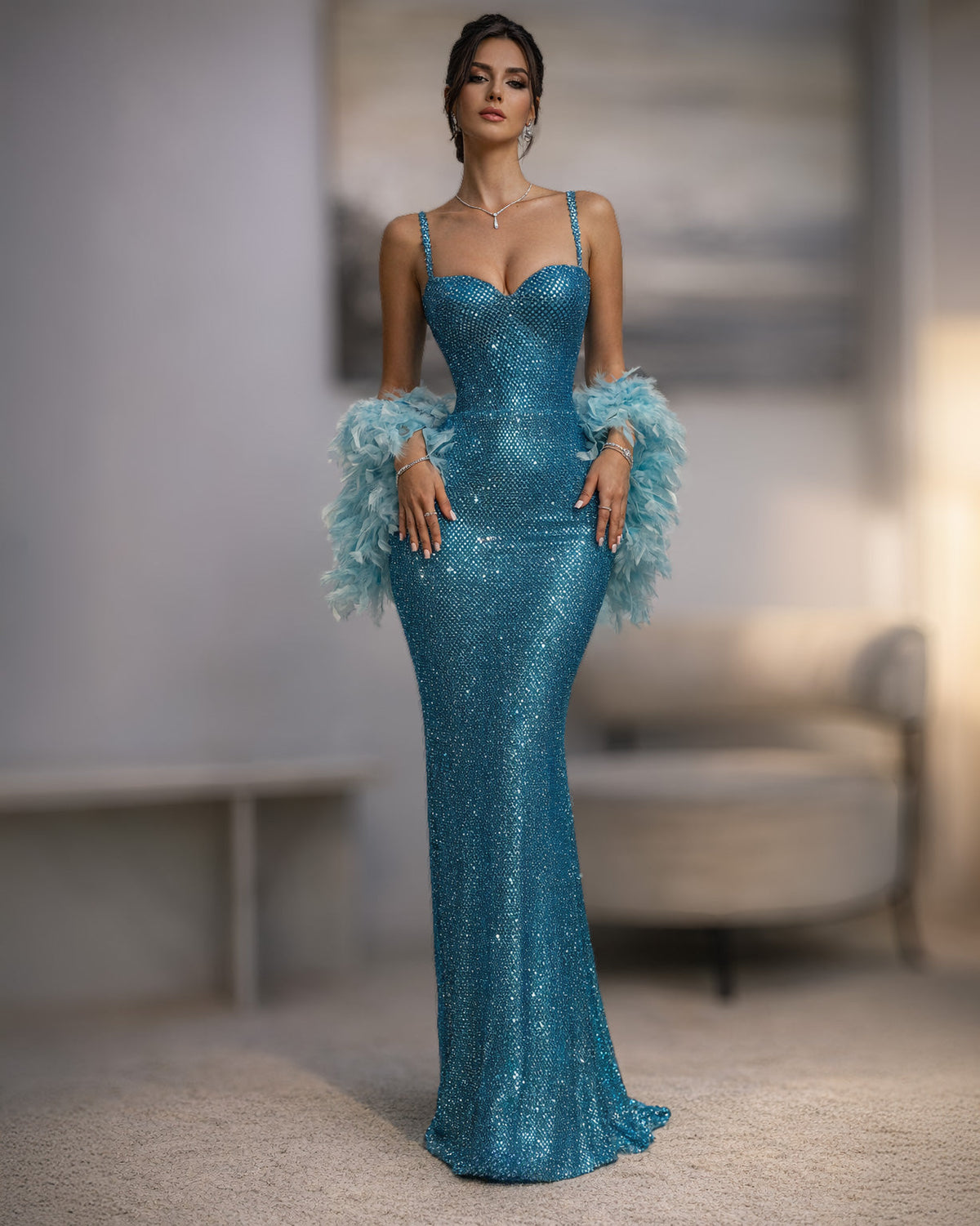 Teal Beaded Crystal Gown with Spaghetti Straps - SimmiUnique