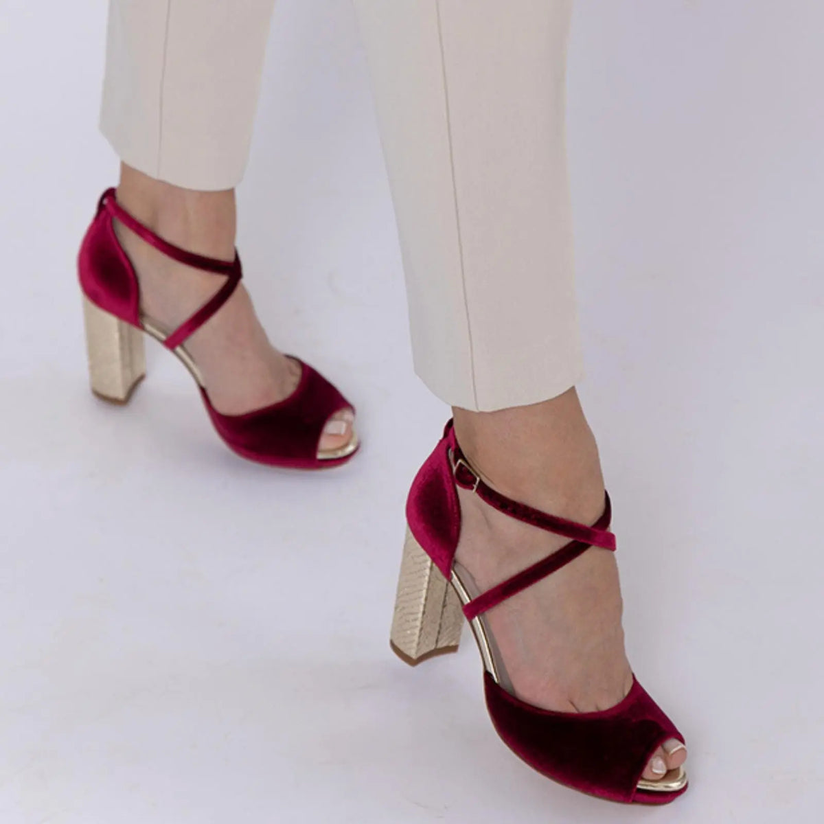 Red Strappy Block Heels – close-up
