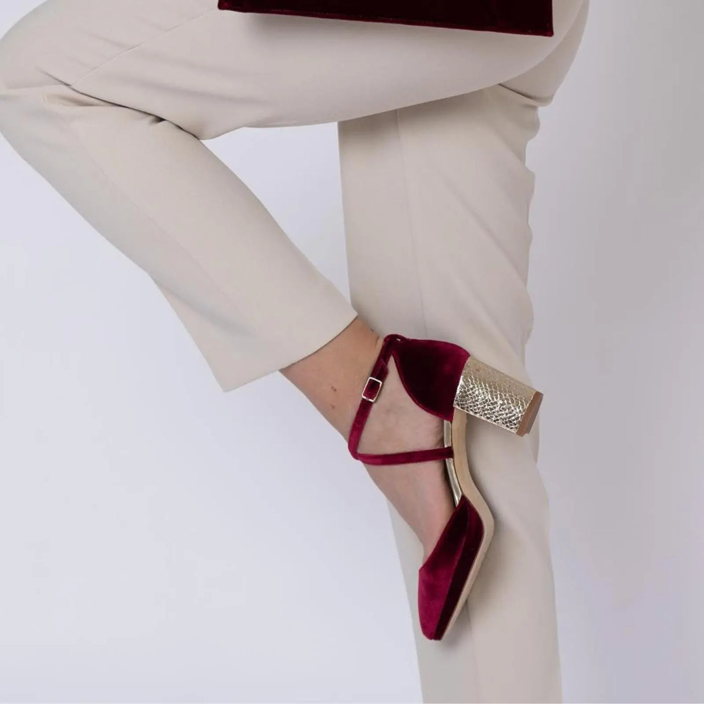 Red Strappy Block Heels – styled look