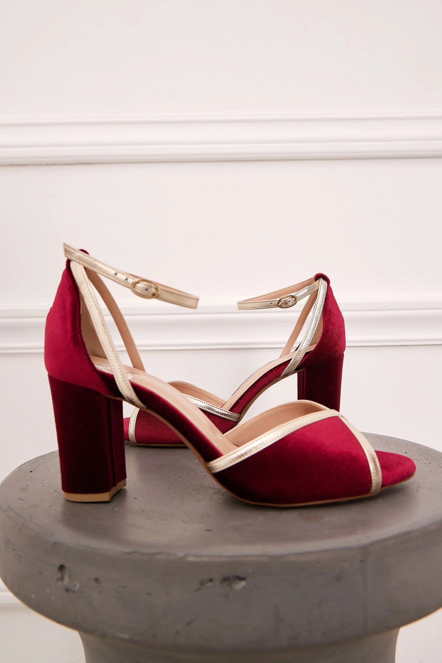 Red Strappy Block Heels with Gold, “Isidora” flordeashoes