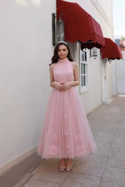 Rose Powder Pink Special Design Tulle Evening Dress simmiunique