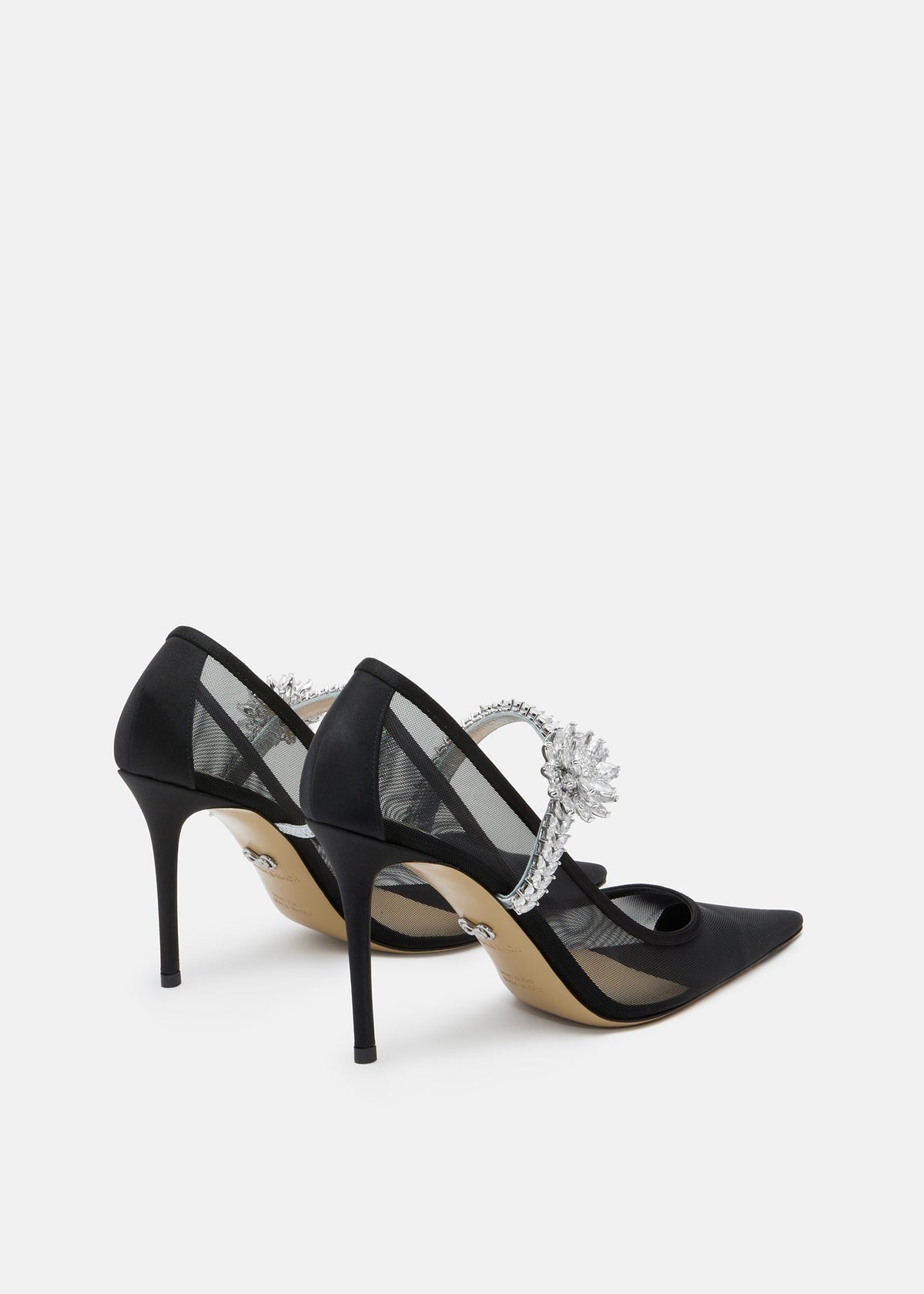 Noelle Black Lotus Flower Pumps – heel view showing lotus flower, crystal, mesh, black, SimmiUnique