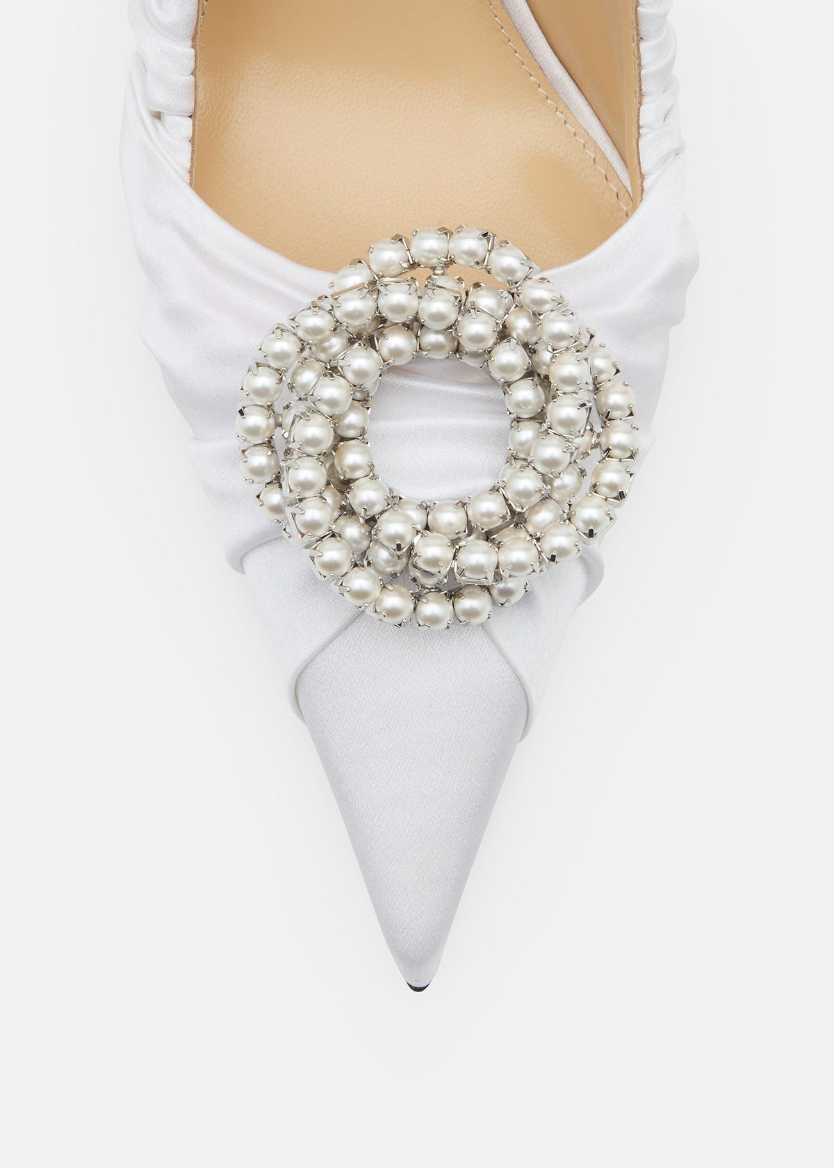 Annabelle White Crystal Pumps – rear view showing crystal, satin, white, SimmiUnique
