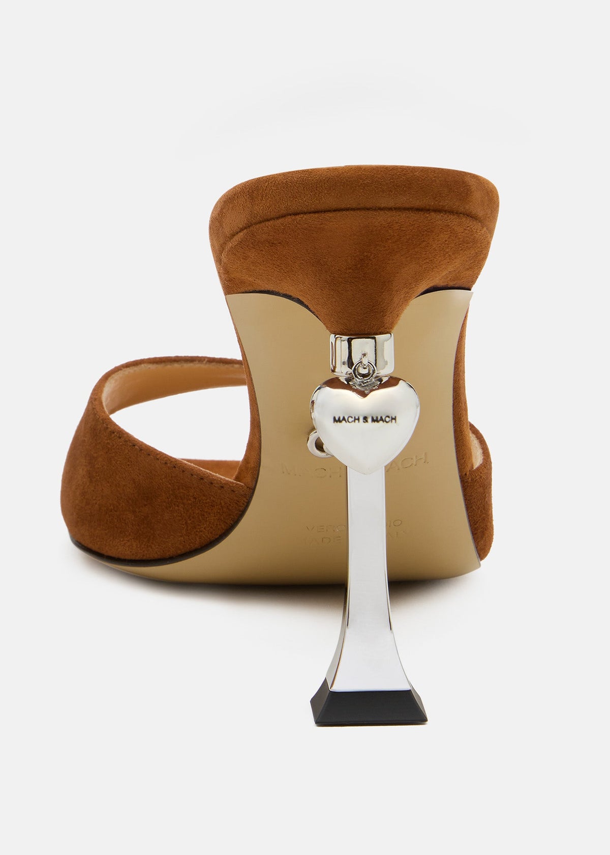 Coralie Light Brown Suede Mules – rear view showing suede, metallic, red, brown, SimmiUnique