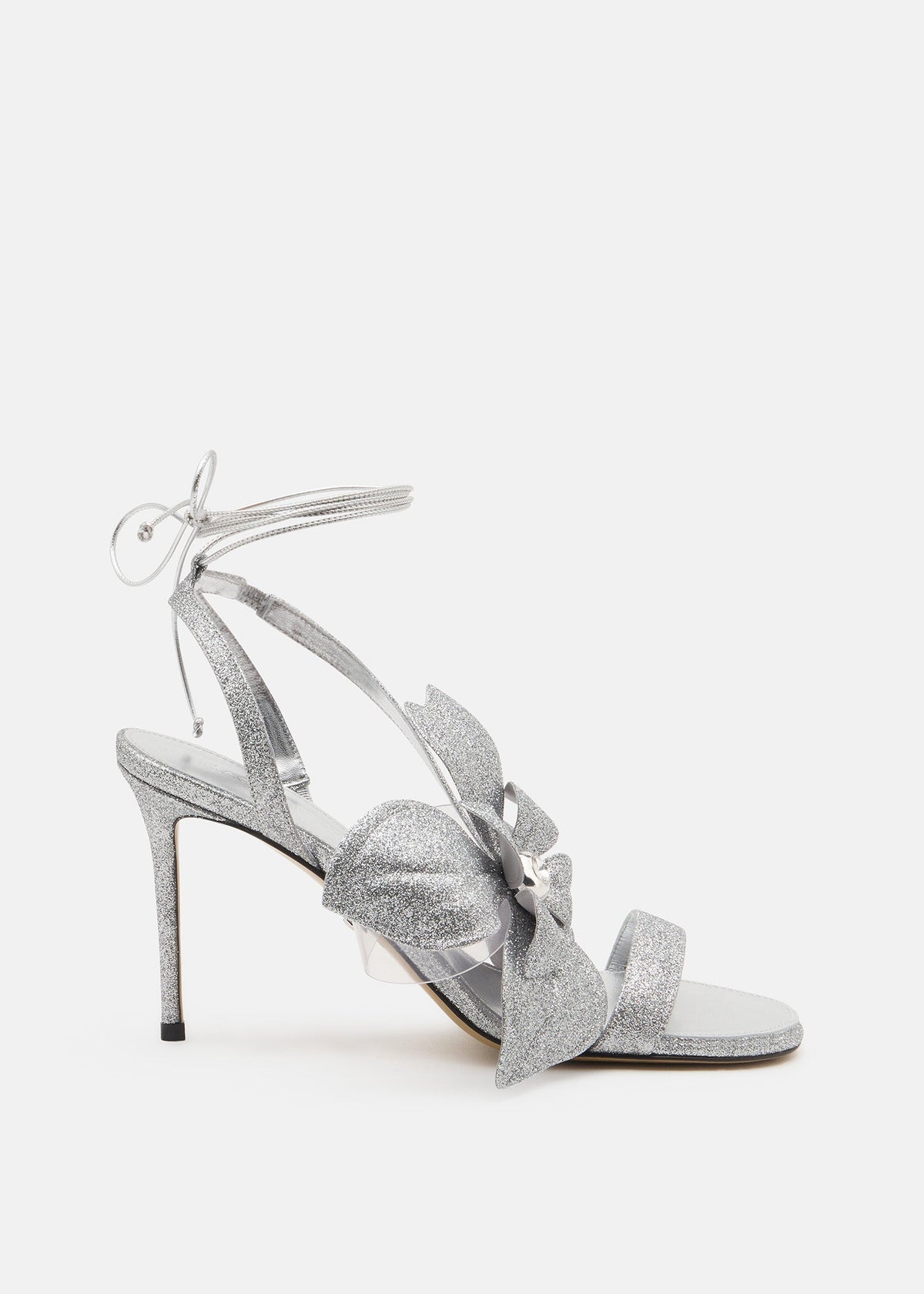 Ophelia Silver Double Bow Sandals – front three-quarter view showing double bow, glitter, silver, SimmiUnique