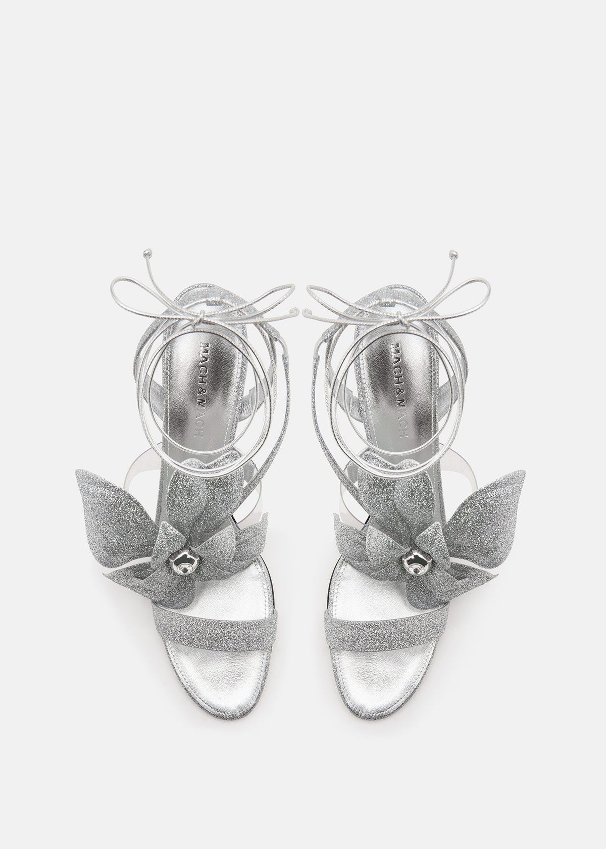 Ophelia Silver Double Bow Sandals – crystal detail view showing double bow, glitter, silver, SimmiUnique