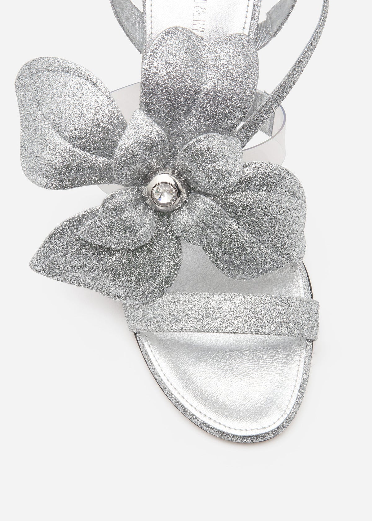 Ophelia Silver Double Bow Sandals – rear view showing double bow, glitter, silver, SimmiUnique