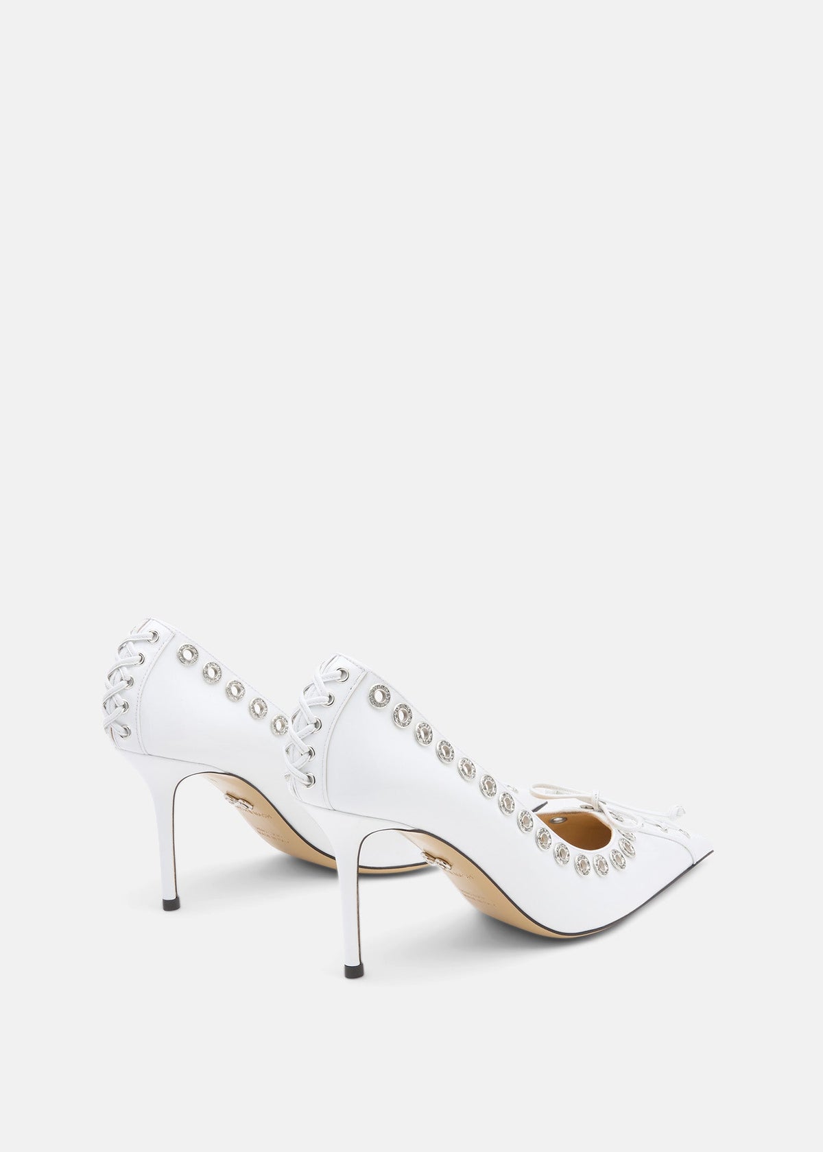 Cosette White Crystal Pumps – heel view showing crystal, patent leather, red, SimmiUnique