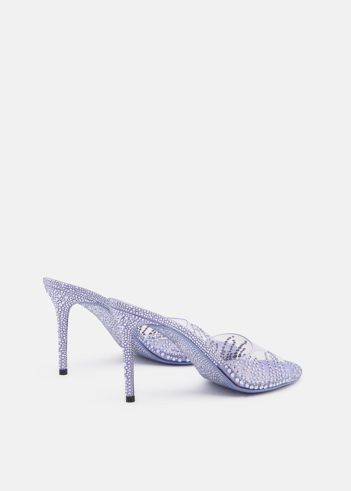 Valentina Lavender Crystal Flame Mules – heel view showing crystal flame, SimmiUnique
