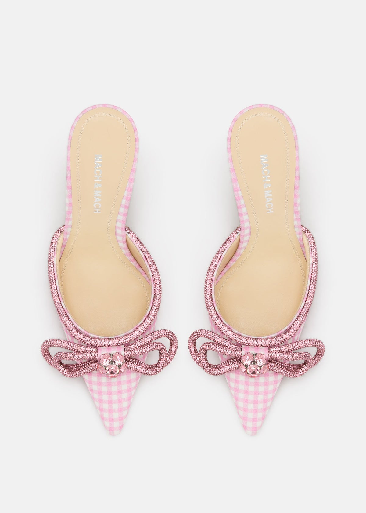 Cressida Pink Double Bow Mules – crystal detail view showing double bow, pink, SimmiUnique