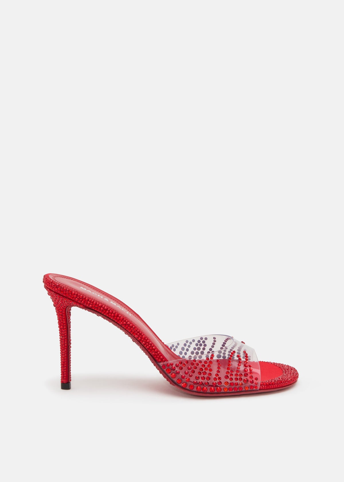 Juliette Red Crystal Flame Mules – front three-quarter view showing crystal flame, red, SimmiUnique
