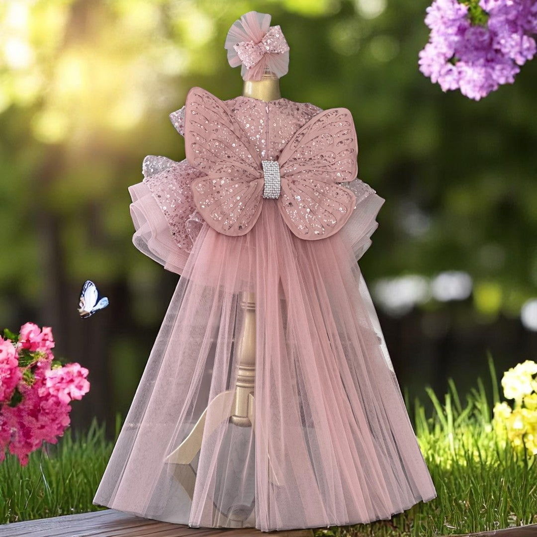 Shiny White Butterfly Dress - Special Design Girl's Evening Dress – close-up