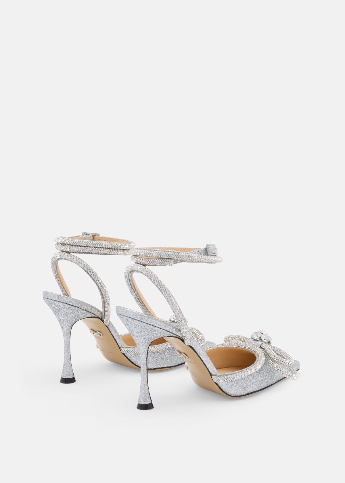Odette Silver Double Bow Pumps – heel view showing double bow, crystal, glitter, silver, SimmiUnique
