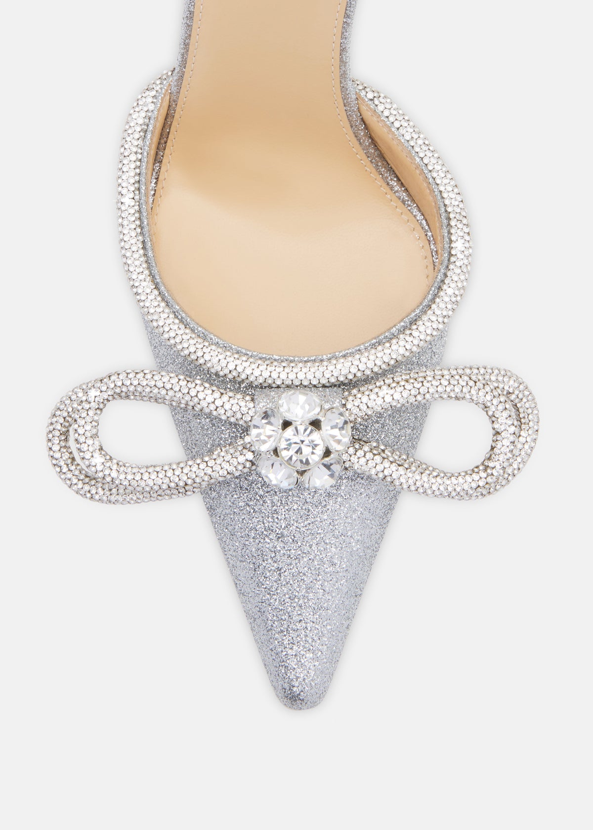 Odette Silver Double Bow Pumps – rear view showing double bow, crystal, glitter, silver, SimmiUnique