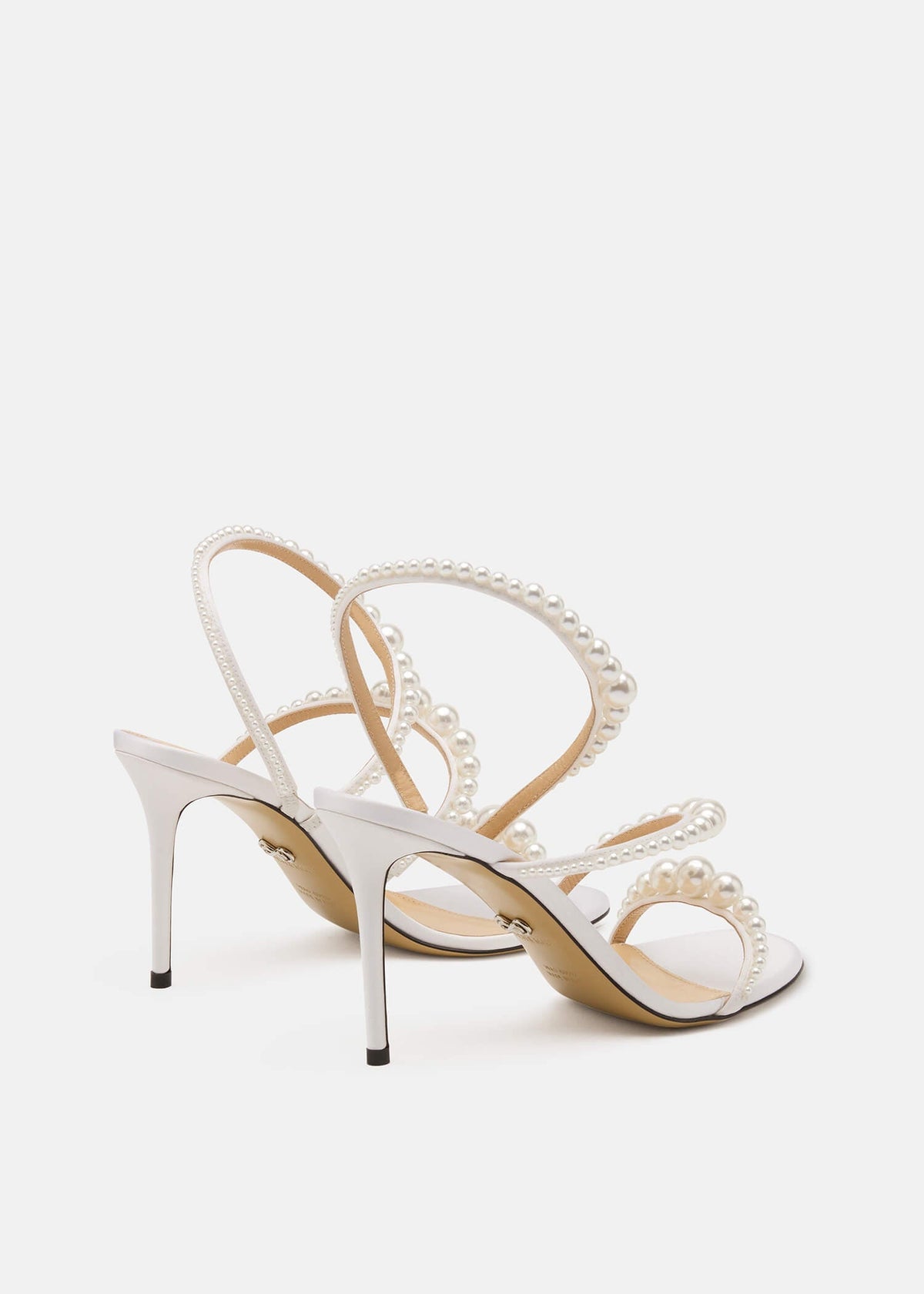 Sabrina White Pearl Sandals – heel view showing pearl, satin, white, red, SimmiUnique