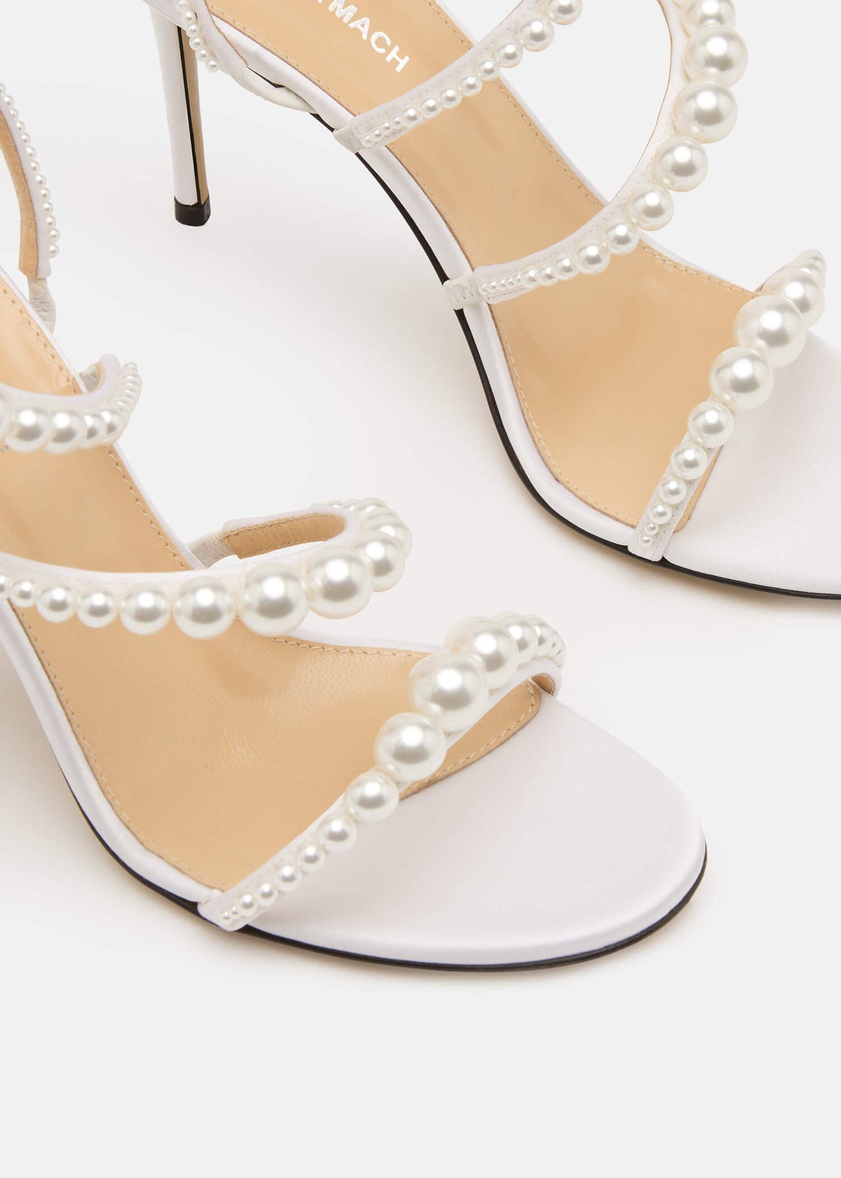 Sabrina White Pearl Sandals – rear view showing pearl, satin, white, red, SimmiUnique