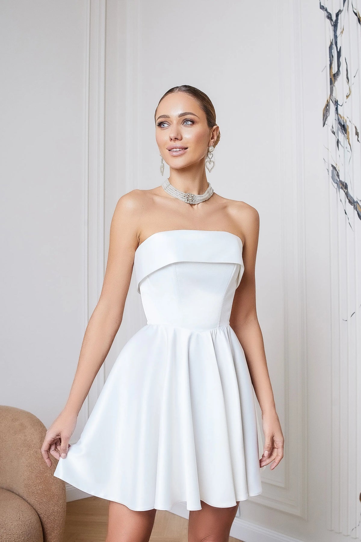 Satin strapless flared mini dress