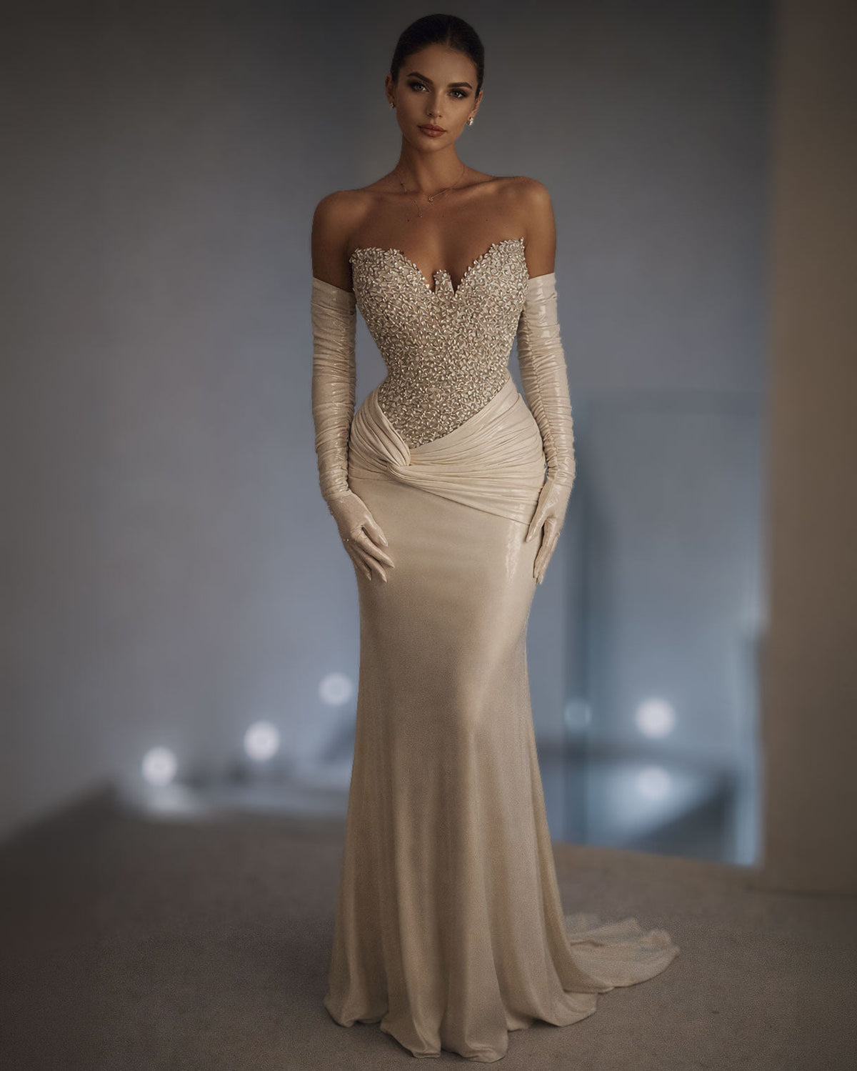 Champagne Satin Corset Evening Gown with Crystal Bodice and Gloves - SimmiUnique