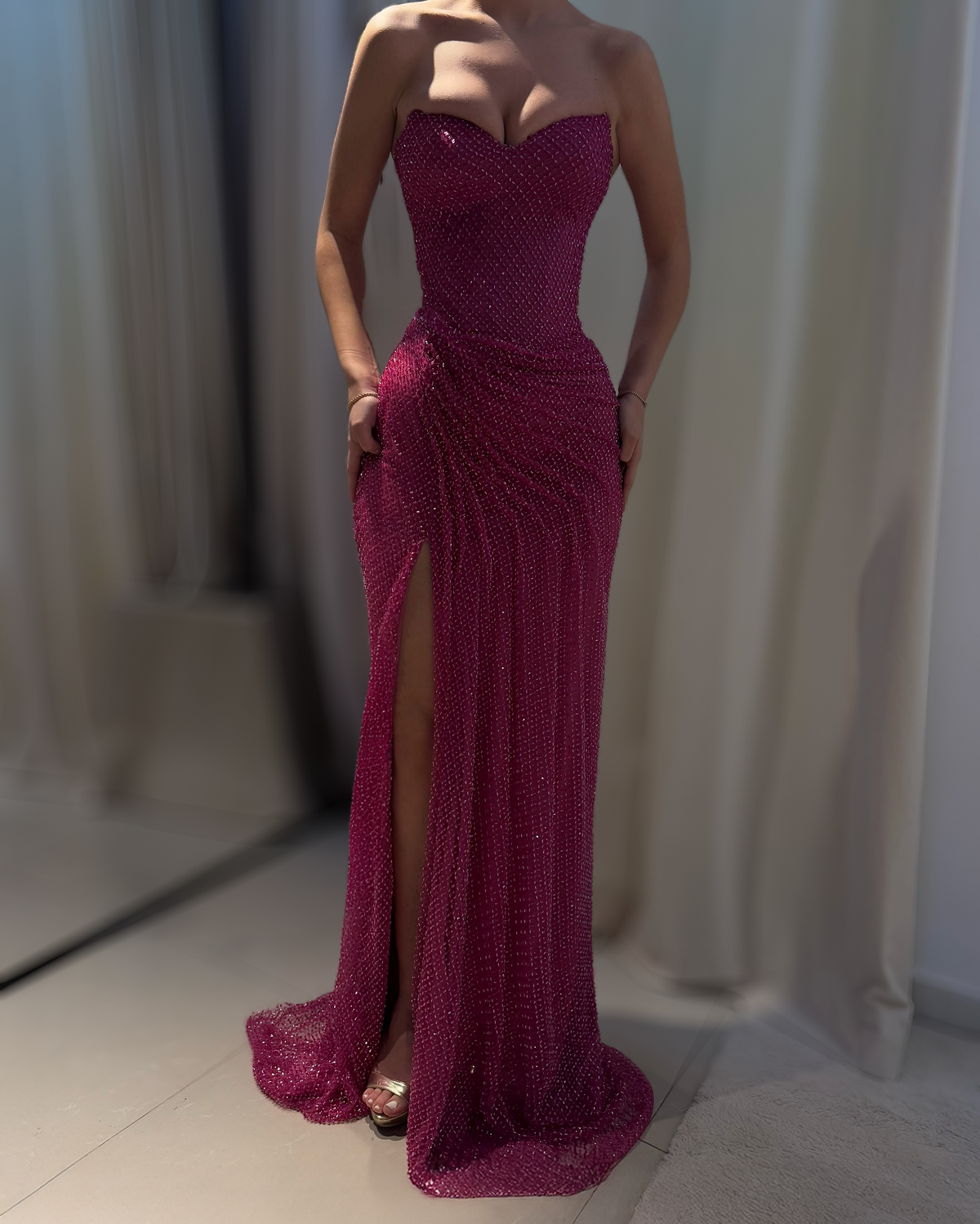Fuchsia Crystal Strapless Evening Gown with Draped Skirt and High Slit - SimmiUnique